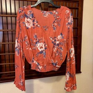 Elegant Floral Wrap Blouse - Terracotta or Rust